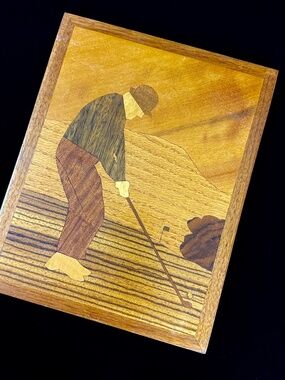 1982 Inlaid Wood Golf Art by ARA Marquetry 8.5 X 11 inches Fathers Day Gift